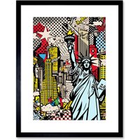 Artery8 Wall Art Print New York City Skyline Statue of Liberty Pop Art Comic Book Style American Dream Artwork Framed 9X7 Inch | Size: W7" x H9"