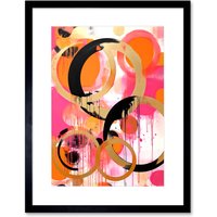 Artery8 Wall Art Print Abstract Circles Oil Painting Bright Pink Orange Gold Black Geometric Drip Paint Artwork Framed 9X7 Inch | Size: W7" x H9"