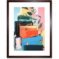 Artery8 Wall Art Print Ready for Holiday Linocut Travel Bags Suitcases Bright Preppy Aesthetic Artwork Framed 9X7 Inch in Brown | Size: W7" x H9"