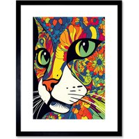 Artery8 Wall Art Print Psychedelic Portrait Cat Acrylic Painting Close Up Vivid Mandala Patterns Artwork Framed 9X7 Inch in Black | Size: W7" x H9"