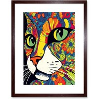 Artery8 Wall Art Print Psychedelic Portrait Cat Acrylic Painting Close Up Vivid Mandala Patterns Artwork Framed 9X7 Inch in Brown | Size: W7" x H9"