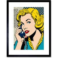Artery8 Wall Art Print Halftone Hello Comic Book Style 1950s Woman Telephone Bright Polka Dot Pattern Artwork Framed 9X7 Inch | Size: W7" x H9"