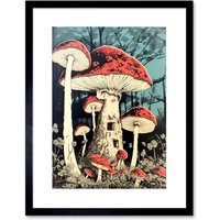 Artery8 Wall Art Print Mushroom Fairy House Pastel Red Blue Green Magical Forest Fantasy Concept Kitchen Artwork Framed 9X7 Inch | Size: W7" x H9"