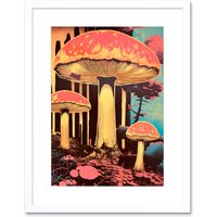 Artery8 Wall Art Print Red Mushroom Fungi Pink Blue Bright Psychedelic Nature Kitchen Artwork Framed 9X7 Inch in White | Size: W7" x H9"