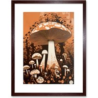 Artery8 Wall Art Print Vintage Mushroom Red Cap Fungi Pastel Orange Brown Earthy Aesthetic Kitchen Artwork Framed 9X7 Inch | Size: W7" x H9"