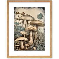 Artery8 Wall Art Print Mushroom Fungi Watercolour Vintage Cottagecore Aesthetic Rustic Decor Artwork Framed 9X7 Inch in Beige | Size: W7" x H9"