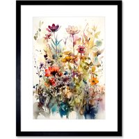 Artery8 Wall Art Print Spring Wild Flowers Watercolour Colourful Floral Blooms Painting Artwork Framed 9X7 Inch in Black | Size: W7" x H9"