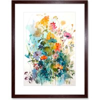 Artery8 Wall Art Print Wild Flowers Watercolour Painting Rainbow Colour Bright Floral Spring Field Artwork Framed 9X7 Inch in Brown | Size: W7" x H9"