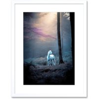 Artery8 Wall Art Print Lone White Forest Horse Photograph Enchanted Landscape Sunbeam Artwork Framed 9X7 Inch | Size: W7" x H9"
