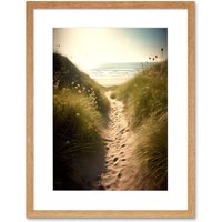 Artery8 Wall Art Print Summer Beach Path Photograph Bright Sunny Sandy Coastal Landscape Seascape Artwork Framed 9X7 Inch in Beige | Size: W7" x H9"