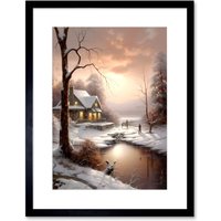 Artery8 Wall Art Print Winter Cottage Landscape Oil Painting Snow Lake Sunset Snowy Trees Artwork Framed 9X7 Inch in Black | Size: W7" x H9"