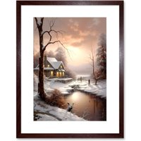Artery8 Wall Art Print Winter Cottage Landscape Oil Painting Snow Lake Sunset Snowy Trees Artwork Framed 9X7 Inch in Brown | Size: W7" x H9"