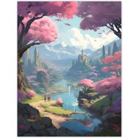 Artery8 Wall Art Print Cherry Blossoms by River Bright Painting Springtime Blooming Pink Trees in Coastal Fishing Village Landscape Poster