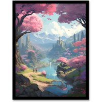 Artery8 Wall Art Print Cherry Blossoms by River Bright Painting Springtime Blooming Pink Trees in Coastal Fishing Village Landscape Art Framed