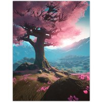 Artery8 Wall Art Print Lone Cherry Blossom Tree Blooming Painting Pink Blue Green Sunrise over Tranquil Forest Mountain Landscape Poster
