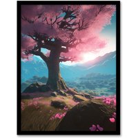 Artery8 Wall Art Print Lone Cherry Blossom Tree Blooming Painting Pink Blue Green Sunrise over Tranquil Forest Mountain Landscape Art Framed