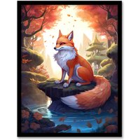 Artery8 Wall Art Print Kitsune Fox Spirit Painting Orange Green Blue Digital Art Conceptual Depiction Mythical Creature in Autumn Forest Landscape w/