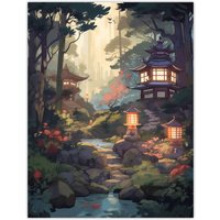 Artery8 Wall Art Print Traditional Japan Garden Painting Orange Pink Green Blue Stone Lanterns & Towers by Lake Spring Landscape Poster