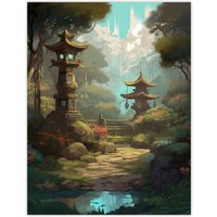 Artery8 Wall Art Print Traditional Japan Garden Painting with Towers & Stone Lanterns Bright Lake Spring Landscape Poster in Green | Size: W18" x H24"