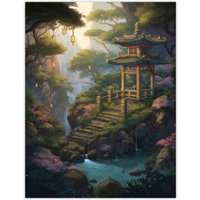 Artery8 Wall Art Print Japan Garden Painting Traditional Tower & Tree Lanterns by Lake Spring Flowers & Bridge Poster in Green | Size: W24" x H32"