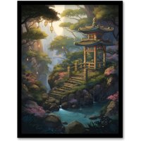Artery8 Wall Art Print Japan Garden Painting Traditional Tower & Tree Lanterns by Lake Spring Flowers & Bridge Art Framed in Green | Size: W12" x H16"