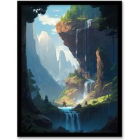 Artery8 Wall Art Print Under a Cascading Waterfall Concept Art Painting Blue Green Orange Hidden Kingdom in Dreamy Cliff Landscape Art Framed