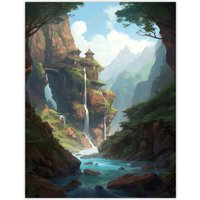 Artery8 Wall Art Print Fortress on a Waterfall Cliff Concept Art Painting Fantasy Kingdom Entrance in Enchanted Forest Poster | Size: W24" x H32"