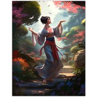 Artery8 Wall Art Print Geisha Performing in Tranquil Garden Painting Graceful Traditional Dance in Spring Bloom Flowers Poster | Size: W18" x H24"