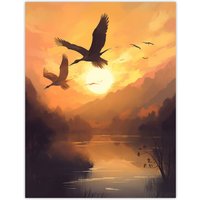 Artery8 Wall Art Print Cranes Soaring Against a Golden Sunset Sky Atmospheric Painting Warm Colours Birds Flying Over Tranquil Mountain Lake