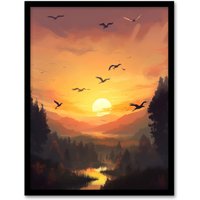 Artery8 Wall Art Print Flock of Cranes Flying Against a Golden Sunset Sky Atmospheric Painting Birds Flying over Forest in a Tranquil Mountain River