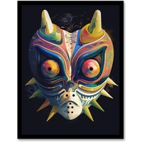 Artery8 Wall Art Print Noh Theatre Mask Painting Supernatural Japan Creature Portrayal Colourful Intricate Details Floral Designs Forest Deity Role