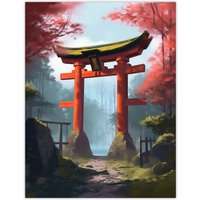 Artery8 Wall Art Print Torii Gate Leading to Shinto Shrine in Forest Painting Red Pink Green Blue Tranquil Sacred Grounds Landscape Poster