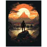 Artery8 Wall Art Print Samurai Master Looking at Sunset Horizon Dramatic Painting Black Orange Cherry Blossoms Flowers & Pine Trees in Japan Mountain