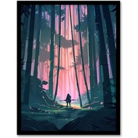 Artery8 Wall Art Print Samurai Master in Bamboo Forest at Dawn Concept Painting Pastel Colour Pink Blue Green Warrior Practicing Martial Arts in