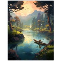 Artery8 Wall Art Print Fishermen Casting Nets at Sunrise Acrylic Painting Men Fishing in Countryside River Serene Mountain Forest Landscape Poster