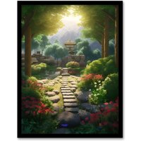 Artery8 Wall Art Print Flowers Blooming in Serene Japan Zen Garden Acrylic Painting Steps Path Leading to Stone Lantern Bathed in Sunlight Art Framed