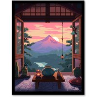 Artery8 Wall Art Print Mount Fuji View from House Patio Colourful Painting Traditional Tea Ceremony Japan Hospitality Sunset Mountain Landscape Art