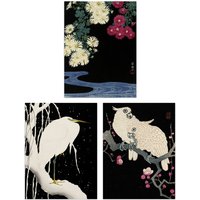 Artery8 Wall Art Print Pack of 3 A4 Ohara Koson Japan Kachō-e Bird & Flower Heron Cockatoo Japanese Paintings Living Room s Set