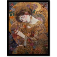 Artery8 Asleep Gustav Klimt-Inspired Portrait Of A Woman Bedroom Artwork Framed Wall Art Print A4 in Black