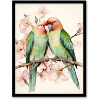 Artery8 Birds Of A Feather Love Birds Perched On A Cherry Bloom Artwork Framed Wall Art Print A4 in Black