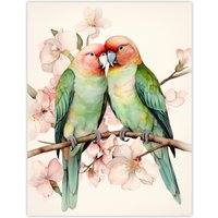 Artery8 Birds Of A Feather Love Birds Perched On A Cherry Bloom Unframed Wall Art Print Poster Home Decor Premium | Size: W12" x H16"