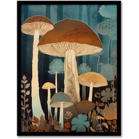 Artery8 Cep Mushroom Earthy Aesthetic Modern Blue Brown Art Print Framed Poster Wall Decor 12x16 inch in Black | Size: W12" x H16"