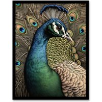 Artery8 Curious Peacock Detailed Pen & Ink Study Turquoise Modern Art Print Framed Poster Wall Decor 12x16 inch in Black | Size: W12" x H16"