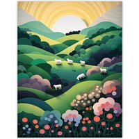 Artery8 Valley Of The Sheep Modern Digital Aesthetic Sunrise English Countryside Simple Flat Extra Large XL Wall Art Poster Print | Size: W24" x H32"
