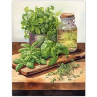Artery8 Country Kitchen Art Watercolour Basil Herb Still Life Study Painting Unframed Wall Art Print Poster Home Decor Premium | Size: W12" x H16"