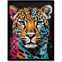 Artery8 Leopard Lounge By Fiona Bryant Cat Head Pop Art Pink Blue Modern Artwork Framed Wall Art Print A4 in Black