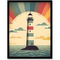 Artery8 Retro Lighthouse Bathroom Art Sunrise Mid Century Modern Flat Vintage Style Artwork Framed Wall Art Print A4 in Black