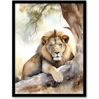 Artery8 Majestic Lion African Savannah Watercolour Africa Artwork Framed Wall Art Print A4 in Black
