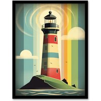 Artery8 Modern Stylised Lighthouse Flat Style Multicoloured Seascape Illustration Art Print Framed Poster Wall Decor 12x16 inch | Size: W12" x H16"