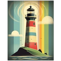 Artery8 Modern Stylised Lighthouse Flat Style Multicoloured Seascape Illustration Extra Large XL Wall Art Poster Print | Size: W24" x H32"